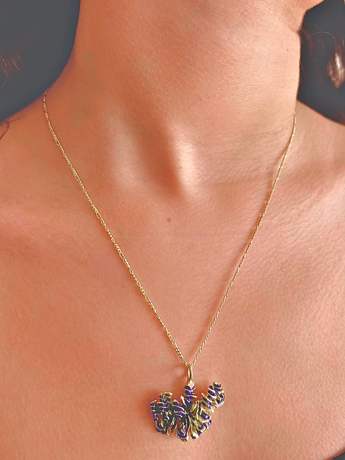 Midnight Blue Flower Necklace-Gold Plated on Warm Enameled Silver
