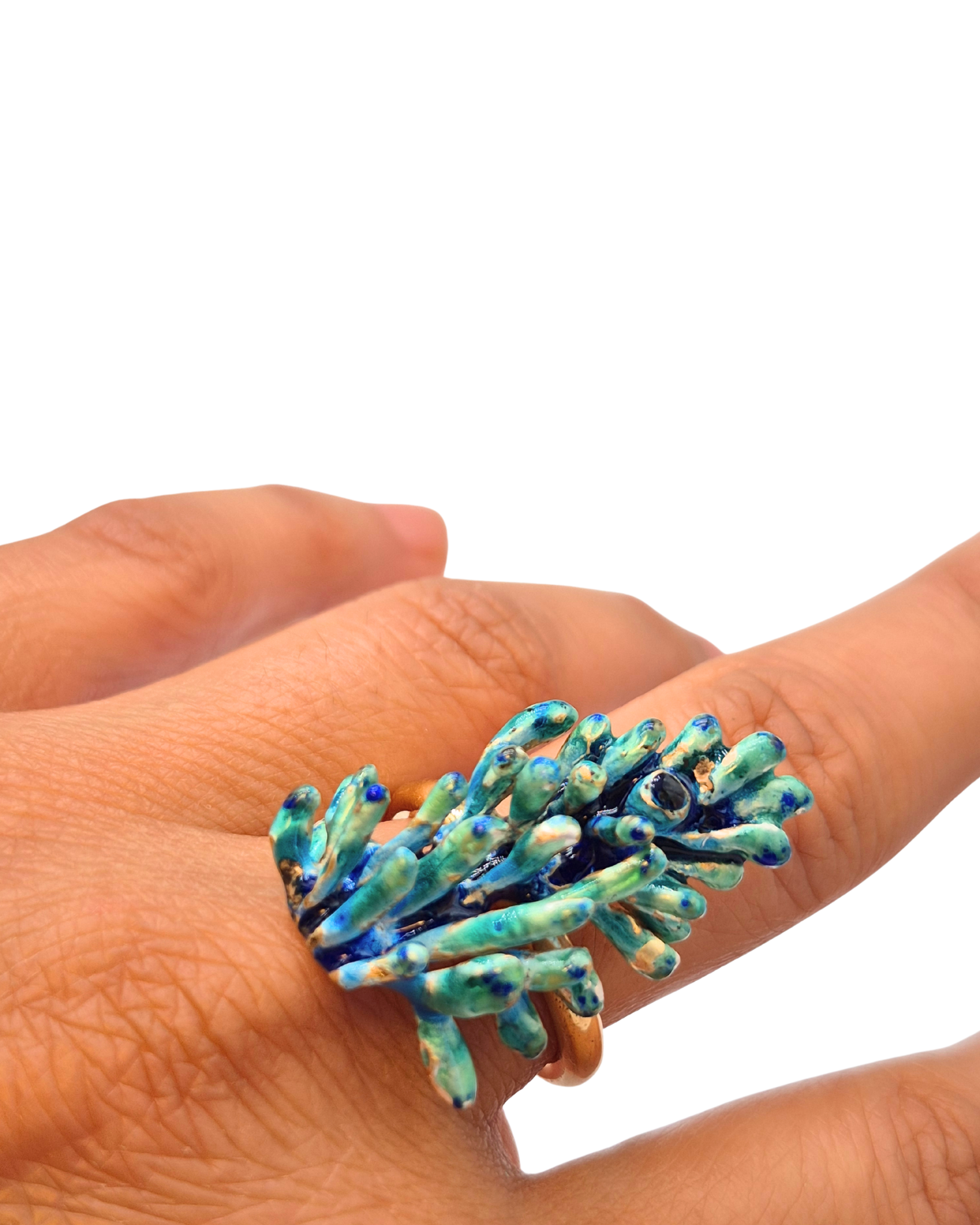 Renkli Balık Yüzük-Sıcak Mineli Gümüş Üzeri Altın Kaplama