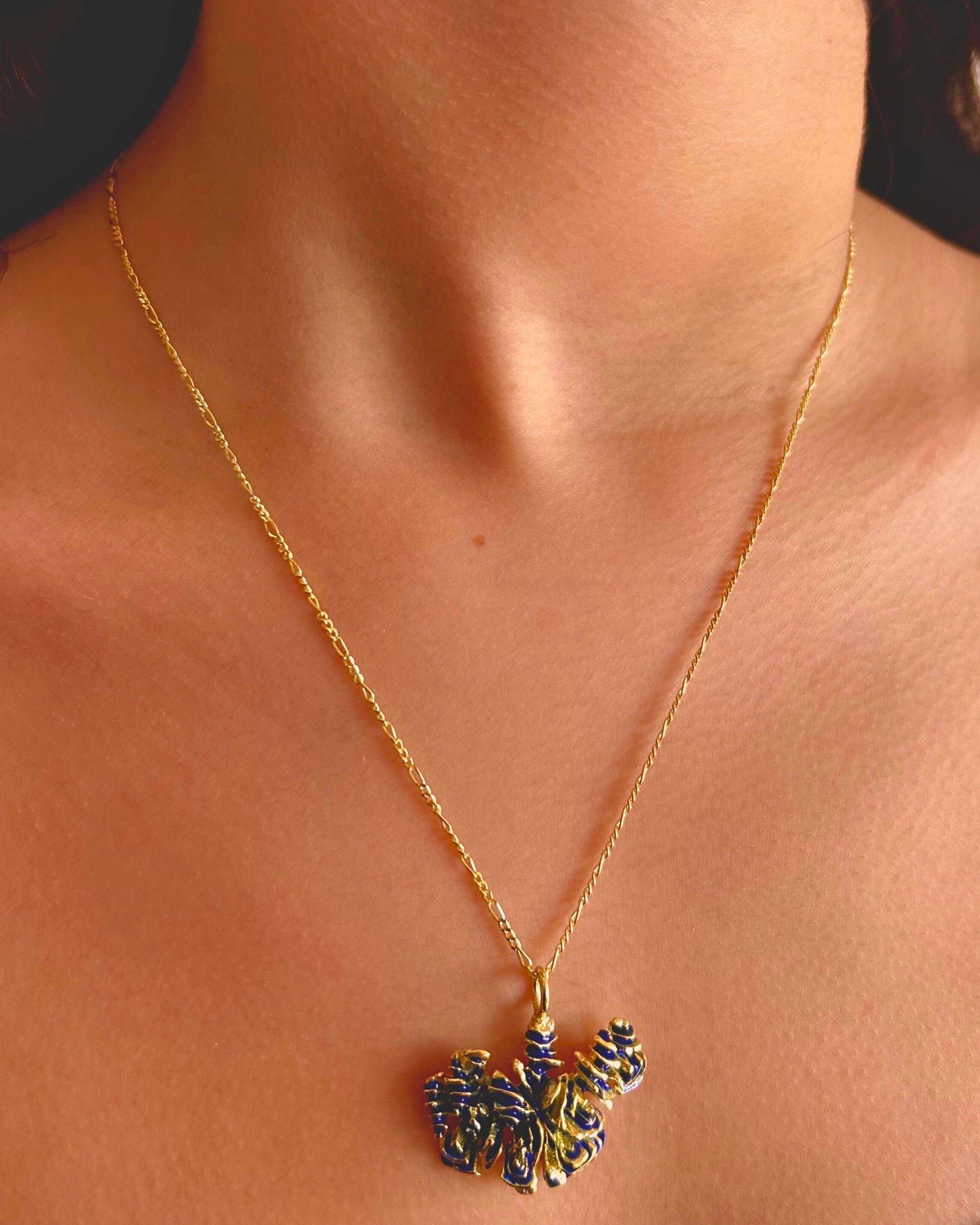 Midnight Blue Flower Necklace-Gold Plated on Warm Enameled Silver