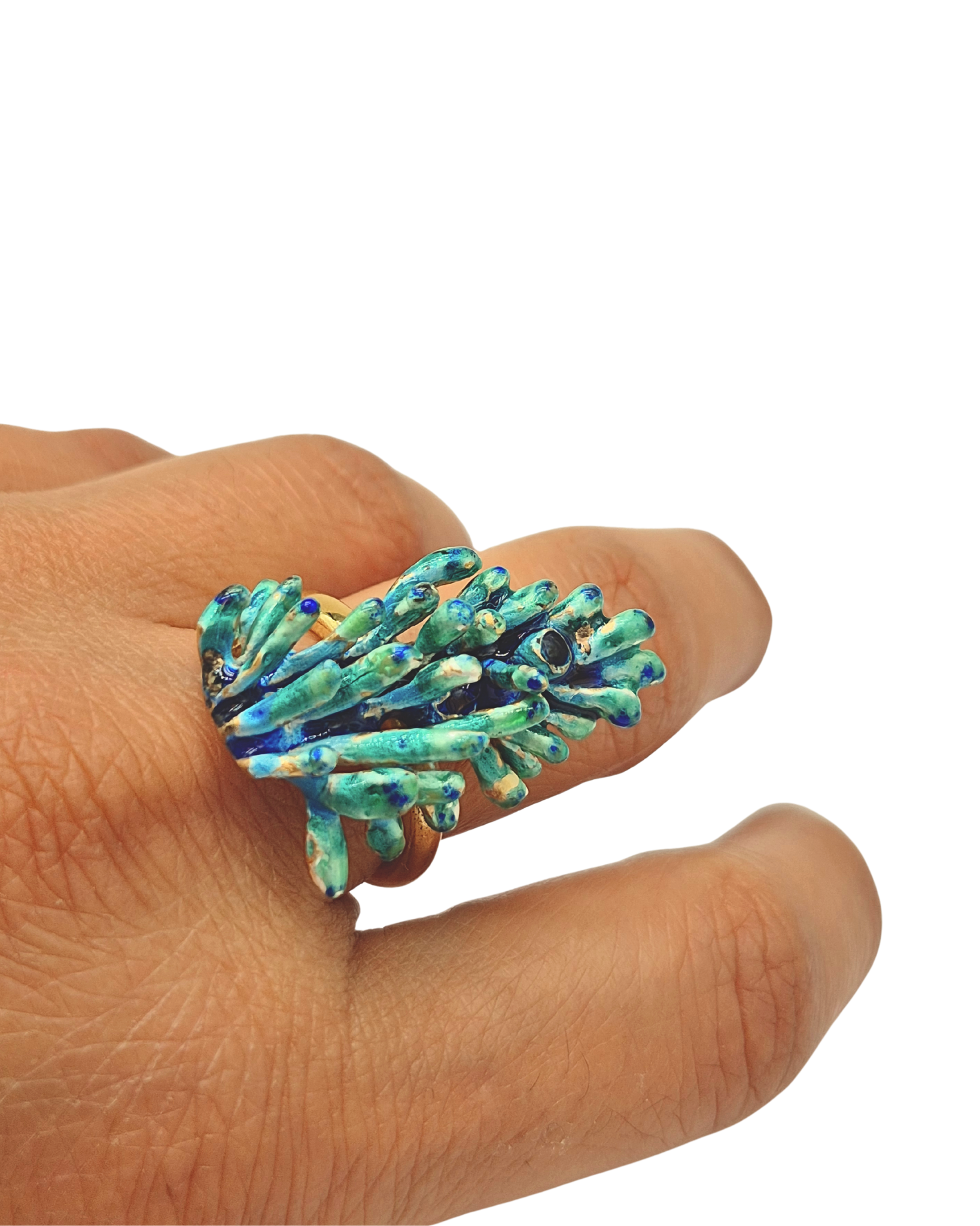 Renkli Balık Yüzük-Sıcak Mineli Gümüş Üzeri Altın Kaplama